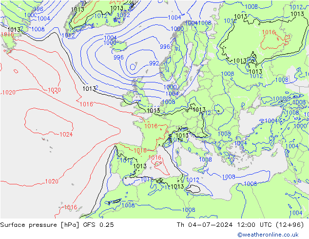 地面气压 GFS 0.25 星期四 04.07.2024 12 UTC