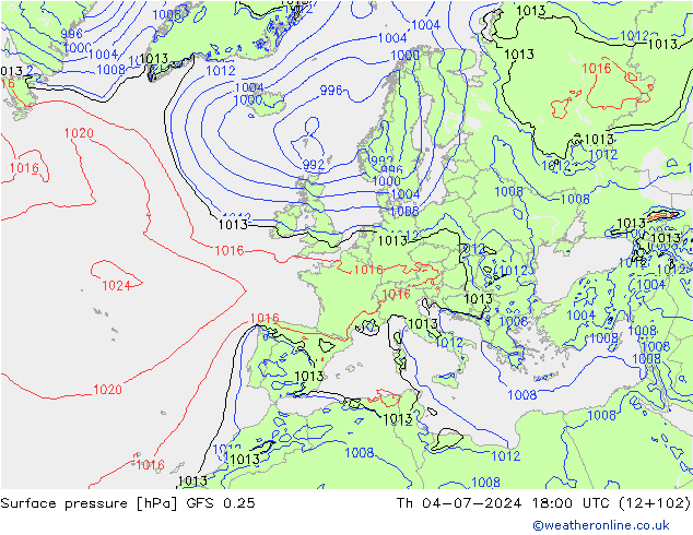 地面气压 GFS 0.25 星期四 04.07.2024 18 UTC