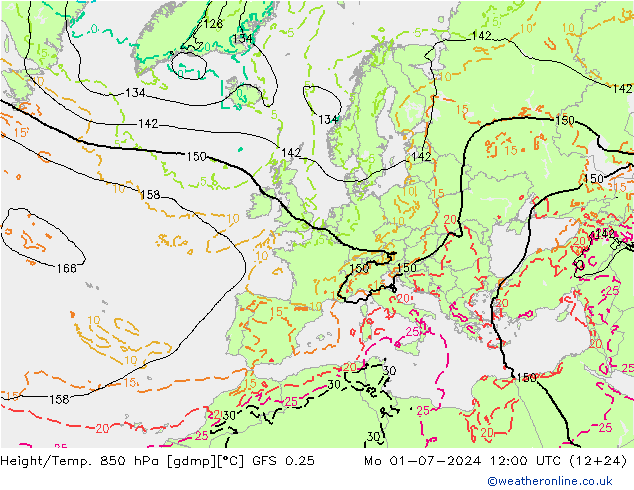 Z500/Rain (+SLP)/Z850 GFS 0.25 星期一 01.07.2024 12 UTC