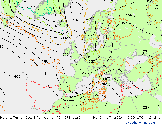Z500/Rain (+SLP)/Z850 GFS 0.25 星期一 01.07.2024 12 UTC