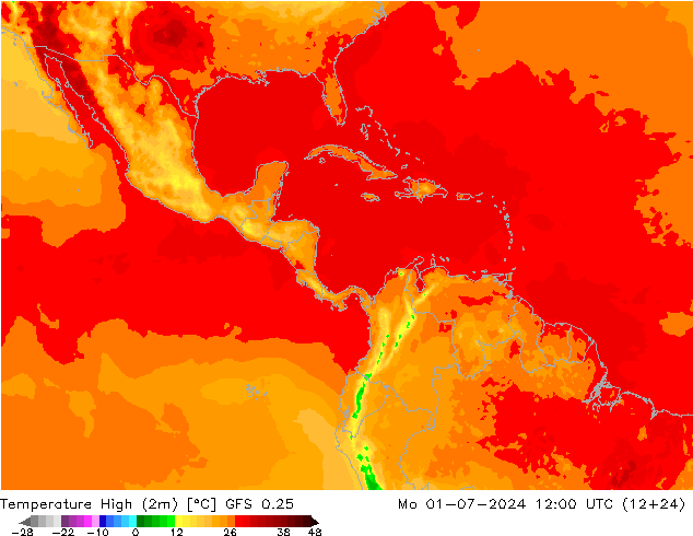 Max.temperatuur (2m) GFS 0.25 ma 01.07.2024 12 UTC