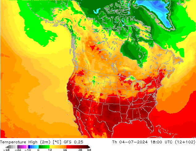 Temperature High (2m) GFS 0.25 星期四 04.07.2024 18 UTC