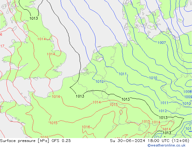 Luchtdruk (Grond) GFS 0.25 zo 30.06.2024 18 UTC