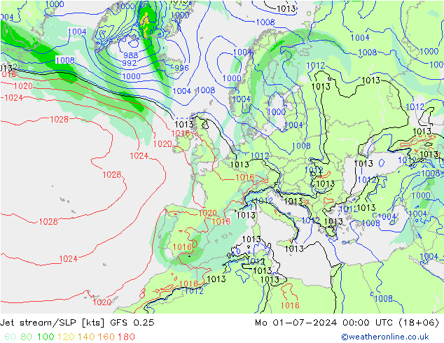 高速氣流/地面气压 GFS 0.25 星期一 01.07.2024 00 UTC
