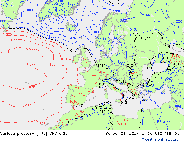 地面气压 GFS 0.25 星期日 30.06.2024 21 UTC