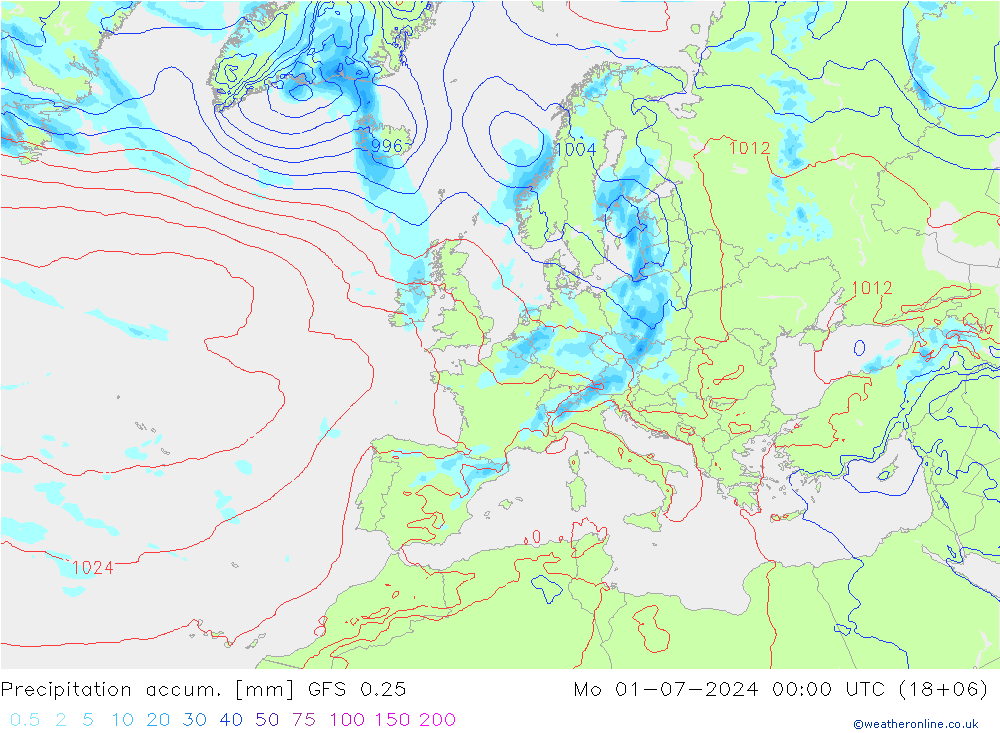 Totale neerslag GFS 0.25 ma 01.07.2024 00 UTC