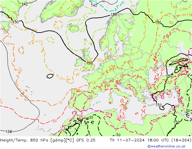 Z500/Rain (+SLP)/Z850 GFS 0.25 星期四 11.07.2024 18 UTC