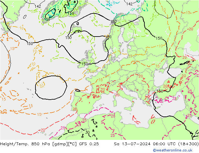 Z500/Rain (+SLP)/Z850 GFS 0.25 星期六 13.07.2024 06 UTC