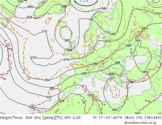 Z500/Rain (+SLP)/Z850 GFS 0.25 星期四 11.07.2024 18 UTC