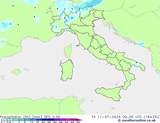 Totale neerslag (6h) GFS 0.25 do 11.07.2024 06 UTC