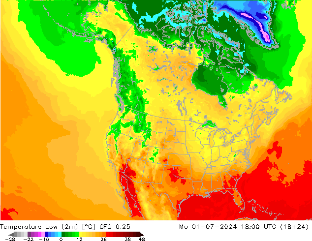 Temperature Low (2m) GFS 0.25 星期一 01.07.2024 18 UTC