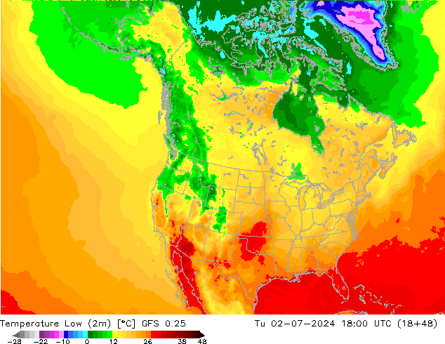 Temperature Low (2m) GFS 0.25 星期二 02.07.2024 18 UTC