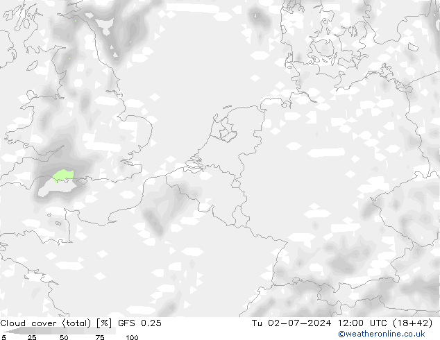Bewolking (Totaal) GFS 0.25 di 02.07.2024 12 UTC
