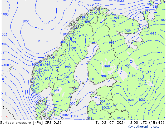 Luchtdruk (Grond) GFS 0.25 di 02.07.2024 18 UTC