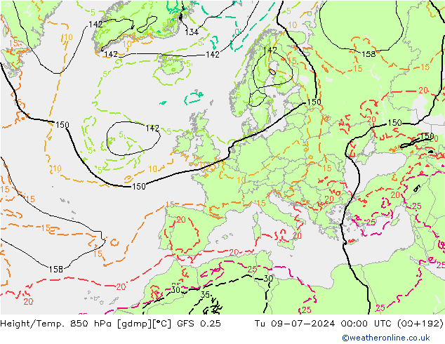 Z500/Rain (+SLP)/Z850 GFS 0.25 Tu 09.07.2024 00 UTC