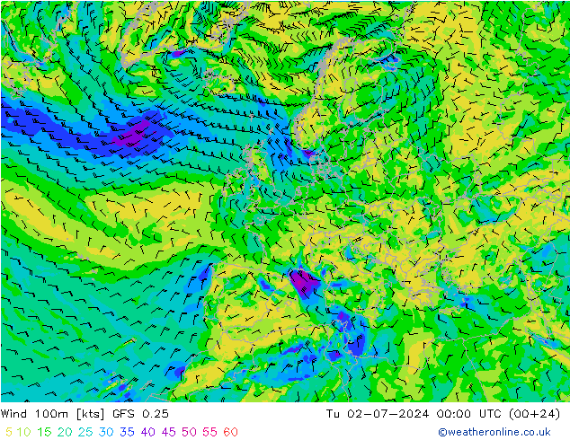 风 100m GFS 0.25 星期二 02.07.2024 00 UTC