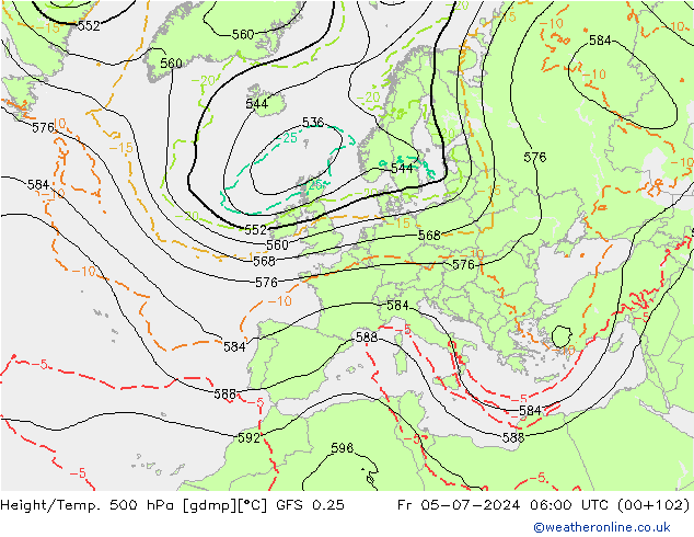 Z500/Rain (+SLP)/Z850 GFS 0.25 星期五 05.07.2024 06 UTC