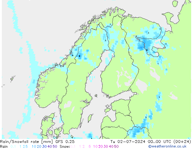 Rain/Snowfall rate GFS 0.25 星期二 02.07.2024 00 UTC