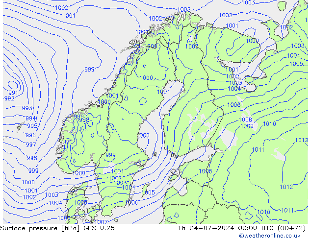 地面气压 GFS 0.25 星期四 04.07.2024 00 UTC