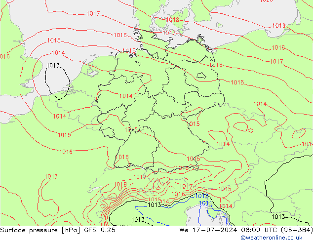 Luchtdruk (Grond) GFS 0.25 wo 17.07.2024 06 UTC