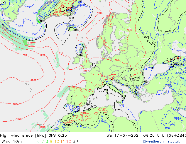 High wind areas GFS 0.25 星期三 17.07.2024 06 UTC