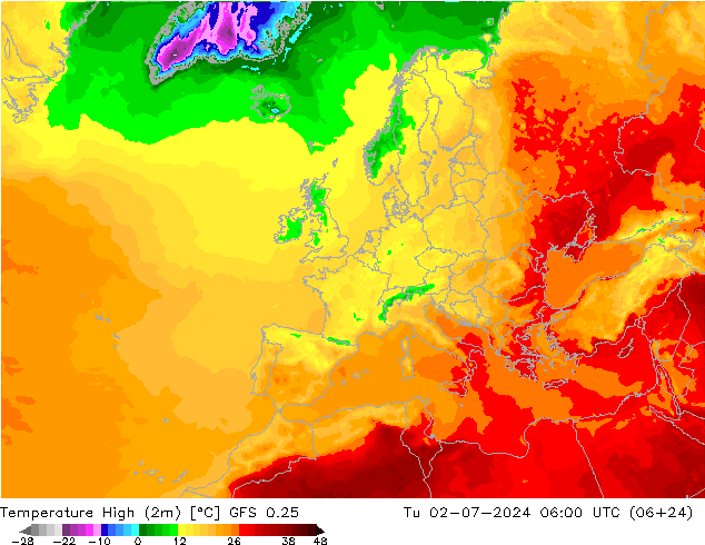 Temperature High (2m) GFS 0.25 星期二 02.07.2024 06 UTC