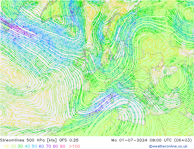 风 500 hPa GFS 0.25 星期一 01.07.2024 09 UTC
