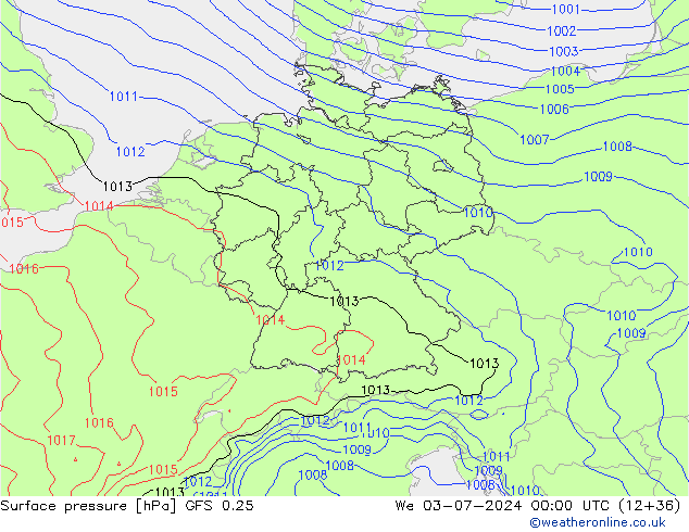 Luchtdruk (Grond) GFS 0.25 wo 03.07.2024 00 UTC