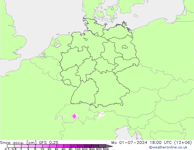 Snow accu. GFS 0.25 星期一 01.07.2024 18 UTC