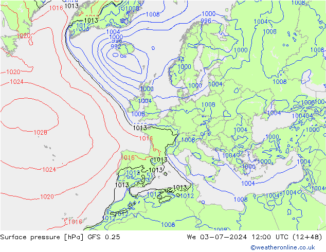 地面气压 GFS 0.25 星期三 03.07.2024 12 UTC