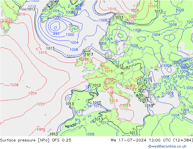 Luchtdruk (Grond) GFS 0.25 wo 17.07.2024 12 UTC