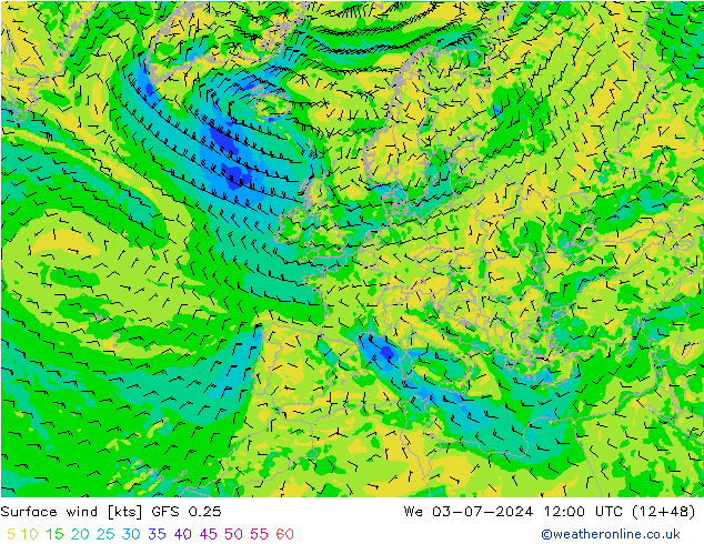 风 10 米 GFS 0.25 星期三 03.07.2024 12 UTC