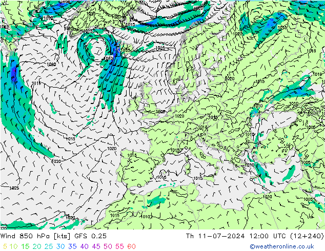 风 850 hPa GFS 0.25 星期四 11.07.2024 12 UTC