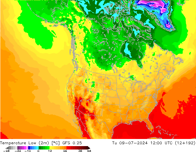 Temperature Low (2m) GFS 0.25 星期二 09.07.2024 12 UTC