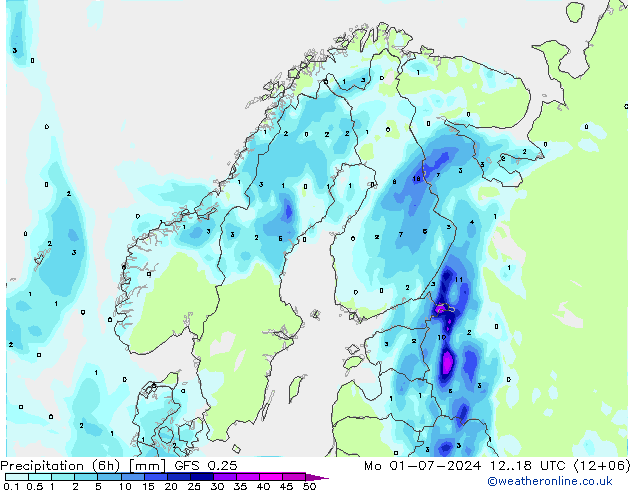 降水量 (6h) GFS 0.25 星期一 01.07.2024 18 UTC