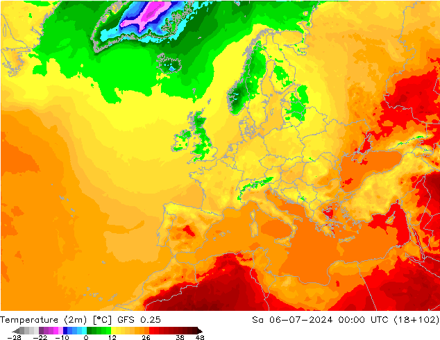 温度图 GFS 0.25 星期六 06.07.2024 00 UTC