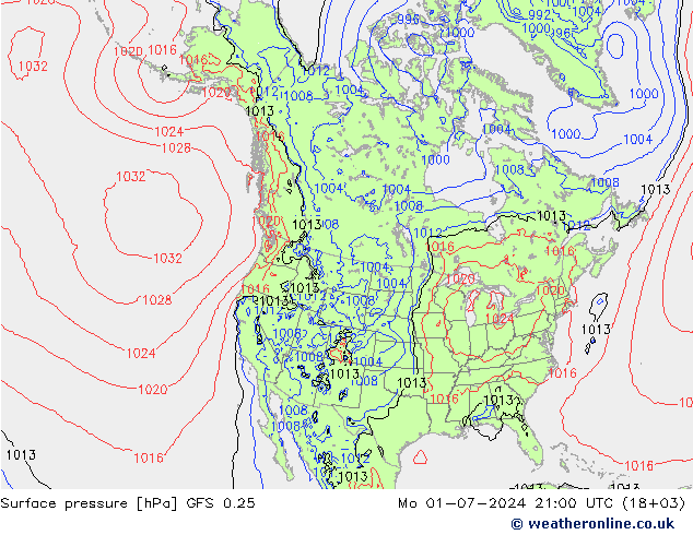 地面气压 GFS 0.25 星期一 01.07.2024 21 UTC