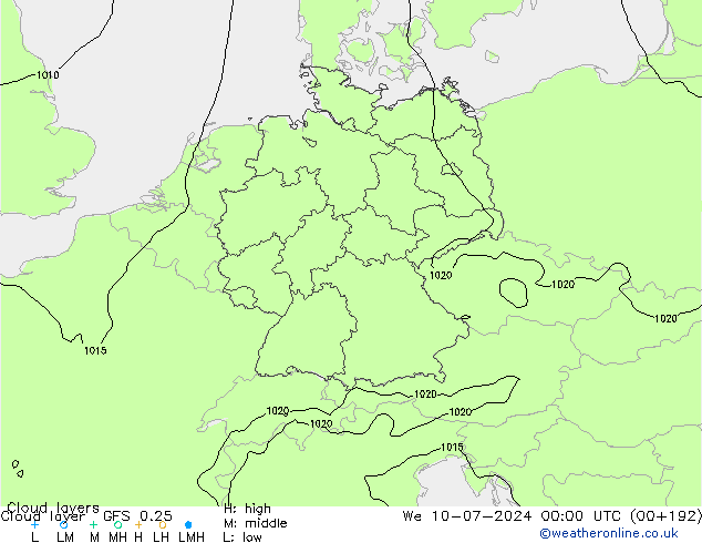 Wolkenlagen GFS 0.25 wo 10.07.2024 00 UTC