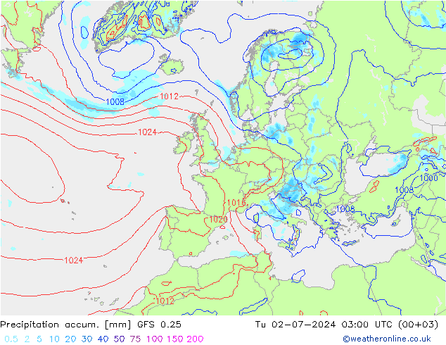 Totale neerslag GFS 0.25 di 02.07.2024 03 UTC