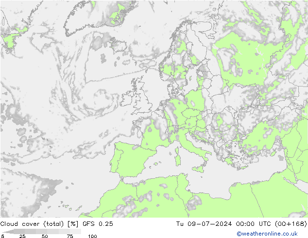Bewolking (Totaal) GFS 0.25 di 09.07.2024 00 UTC