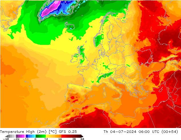 Temperature High (2m) GFS 0.25 星期四 04.07.2024 06 UTC