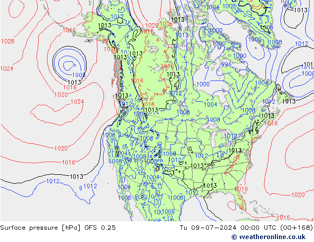 地面气压 GFS 0.25 星期二 09.07.2024 00 UTC