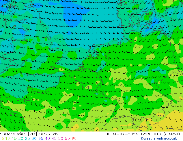 Wind 10 m GFS 0.25 do 04.07.2024 12 UTC