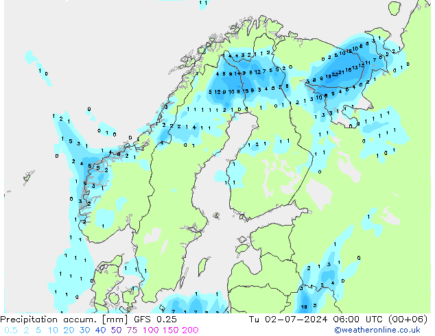 Precipitation accum. GFS 0.25 星期二 02.07.2024 06 UTC