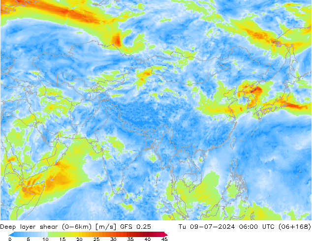 Deep layer shear (0-6km) GFS 0.25 di 09.07.2024 06 UTC