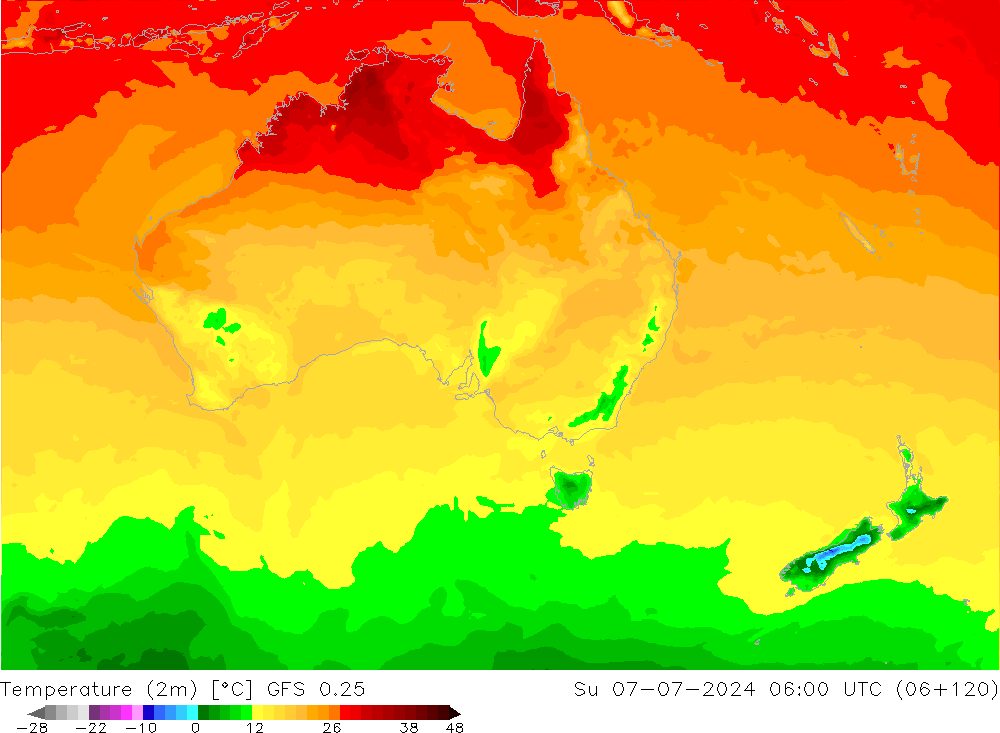 Temperatuurkaart (2m) GFS 0.25 zo 07.07.2024 06 UTC