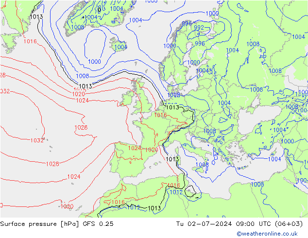 Luchtdruk (Grond) GFS 0.25 di 02.07.2024 09 UTC