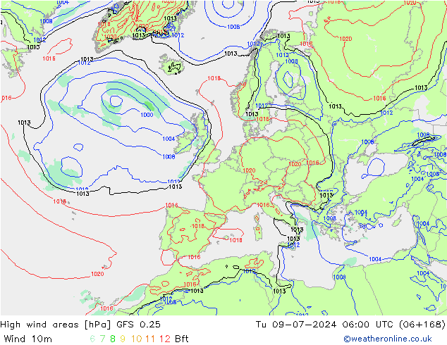 High wind areas GFS 0.25 星期二 09.07.2024 06 UTC