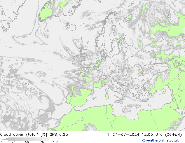 Bewolking (Totaal) GFS 0.25 do 04.07.2024 12 UTC
