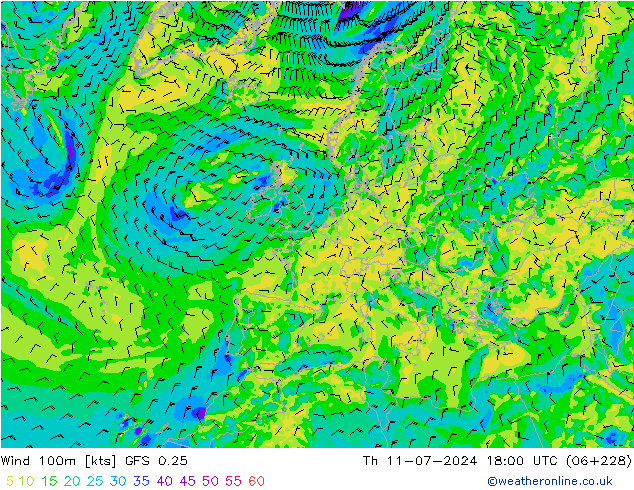 Wind 100m GFS 0.25 do 11.07.2024 18 UTC